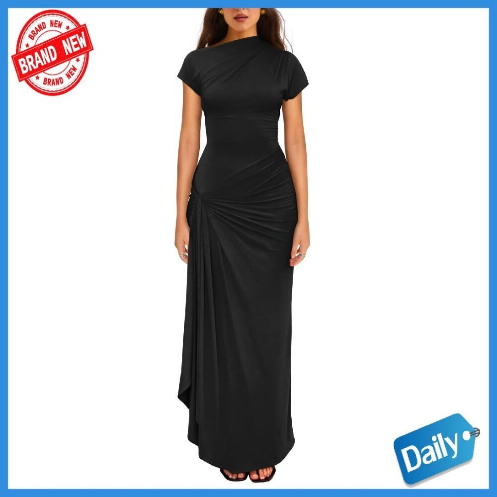 Women's Ruched Bodycon Maxi Dress with High Split & Lace-Up Waist